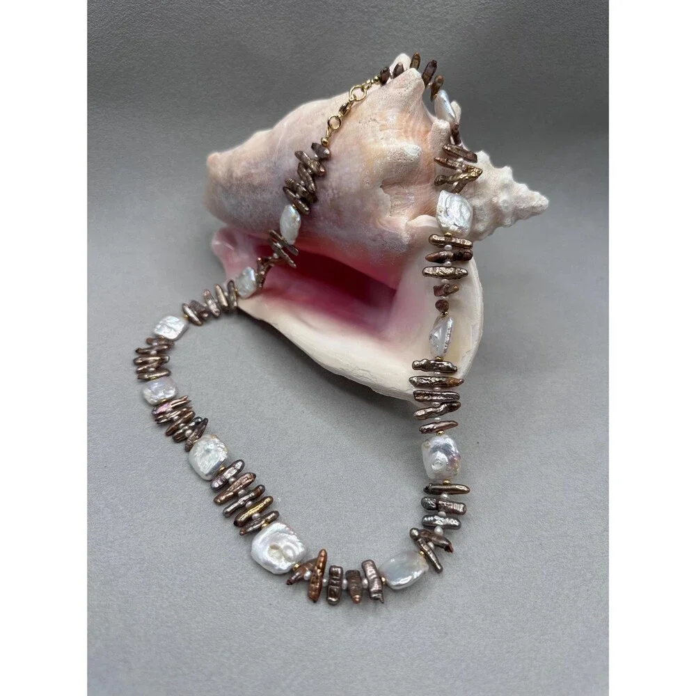 Handmade Freshwater Pearl Necklace: Biwa Stick and Square White Pearls